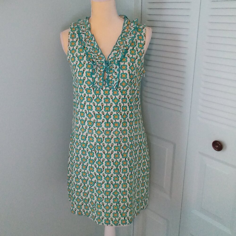 JADE by MELODY TAM TURQ FLORAL BLOCK PRINT LINEN BLEND KNEE LENGTH SHEATH DRESS